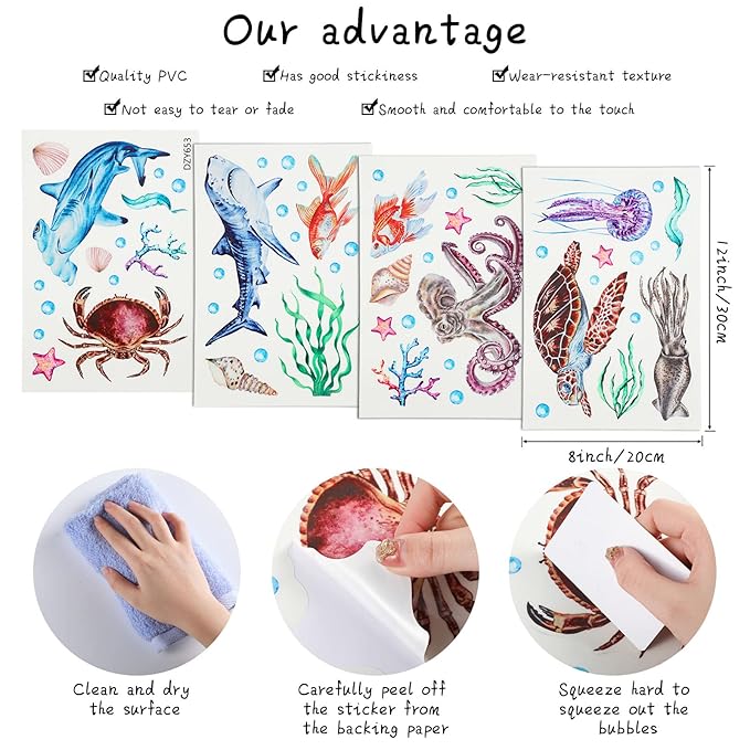 Sabary 4 Pieces Glow in The Dark Ocean Wall Decals Under The Sea Wall Decals Fish Stickers PVC Sea Animals Stickers for Room Living Room Nursery Bathroom Decoration