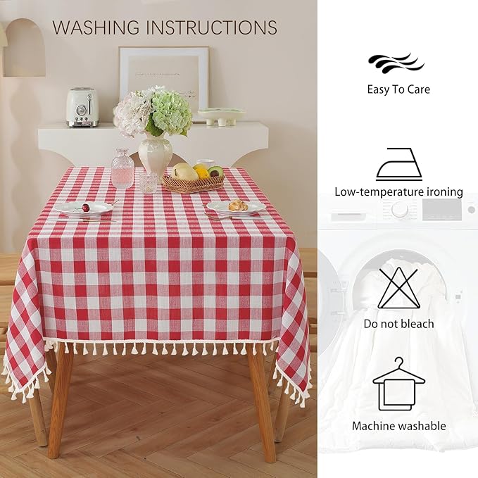 JIALE Gingham Tablecloth Rectangle Cotton Linen Fabric Checkered Table Cloth with Tassel Washable Wrinkle Free Buffalo Plaid Table Cover for Outdoor Party Picnic Kitchen Dining, Red,55x120
