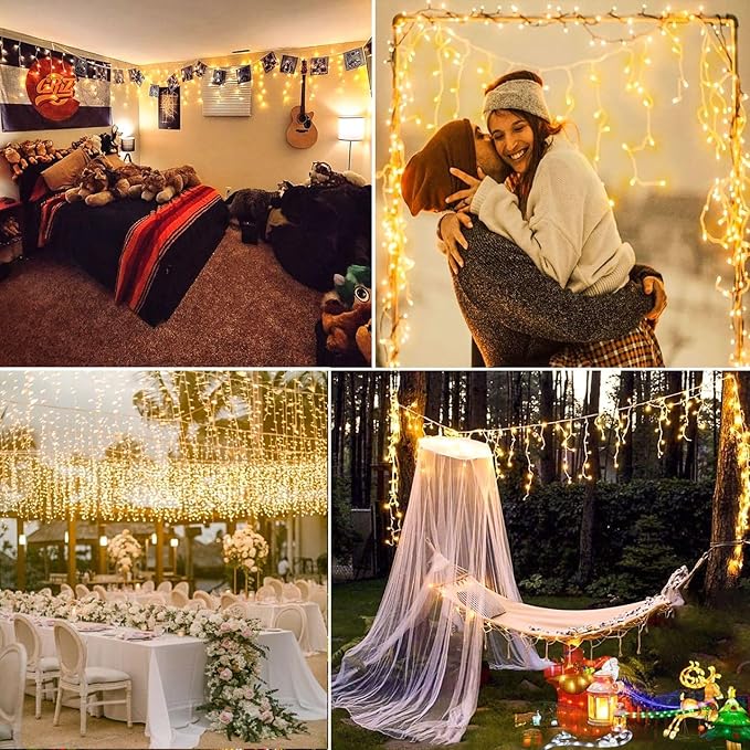 132ft Icicle Lights for Outside - 1280 LED Warm White Twinkle Lights with 240 Drops, 8 Modes Plug in Waterproof Timer Memory. Cannot be Extended. The Plug is in the Middle (66ft+66ft)