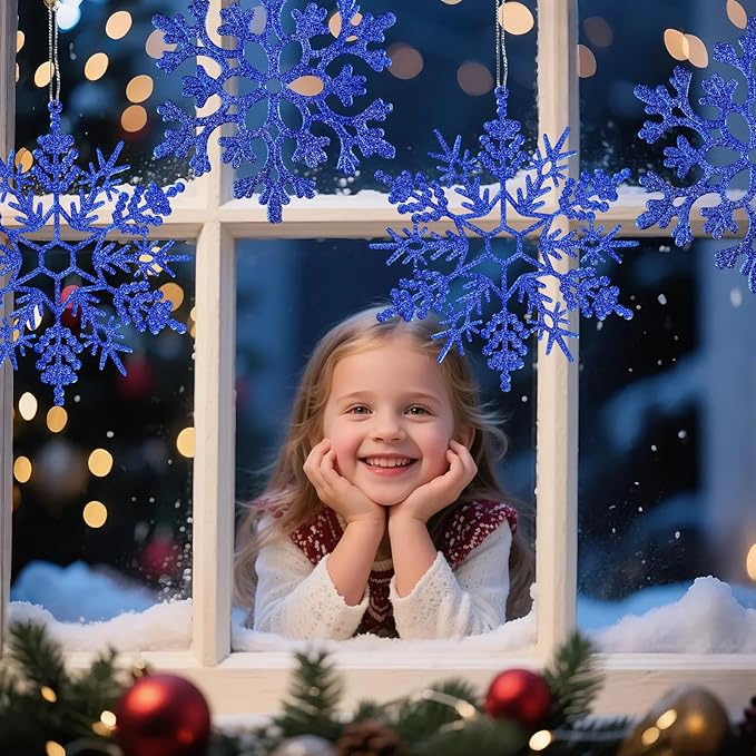 6pcs Large Navy Blue Snowflakes Ornaments 12" Big Plastic Glitter Snowflake for Winter Indoor Outdoor Christmas Tree Window Room Decorations Giant Craft Snowflakes