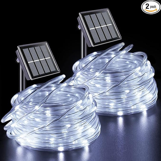 YEGUO 2 Packs Each 33ft 100 LED Solar Rope Lights Outdoor Waterproof, White String Lights for Outside, 8 Modes Fairy Lights in Clear Thin Tube for Camping Fence Patio Garden Trampoline Deck