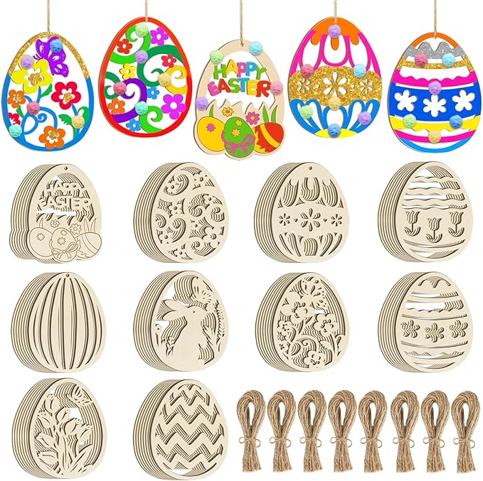 80PCS Wooden Easter Ornaments to Paint, 10 Styles DIY Blank Unfinished Wood Egg Cutouts Ornament for Crafts Hanging Decorations Happy Easter Hallow Egg Rabbit Bunny Butterfly Flower Hen