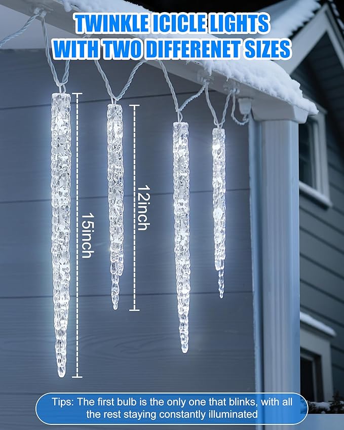 Minetom Icicle Lights Outdoor with Clips, 10ft 50 LED 10 Tubes Twinkling Ice Shape String Lights, Connectable Hanging Christmas Lights Plug in for Eave Holiday Outdoor, Cool White