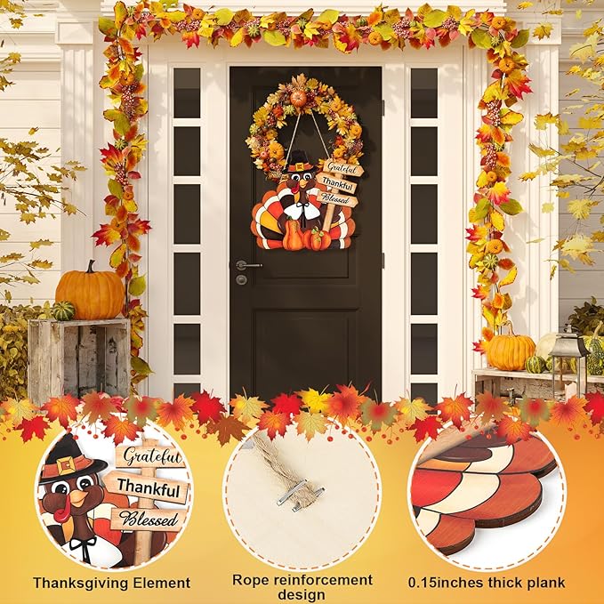 Thanksgiving Decoration Wooden Turkey Pumpkin Door Wreath for Front Door Sign Wall Signs, Thankful Blessed Grateful Pumpkin Sign Hanging for Fall Autumn Harvest Home Halloween Decoration