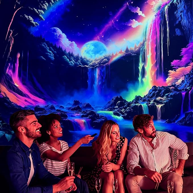 OSVINO Blacklight Rainbow Waterfall Tapestry 79"x59" UV Reactive Trippy Wall Hanging Rainbow Aesthetic Waterfall Wall Posters Bedroom Spiritual Room Decor