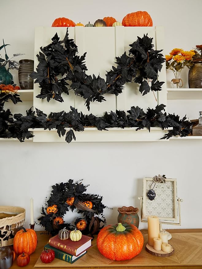 PARTY JOY Black Artificial Maple Leaf Garland - 6PCS 5.6Ft Halloween Decor, Gothic Fall Vines for Front Porch, Thanksgiving Autumn Table Centerpiece & Wall Hanging