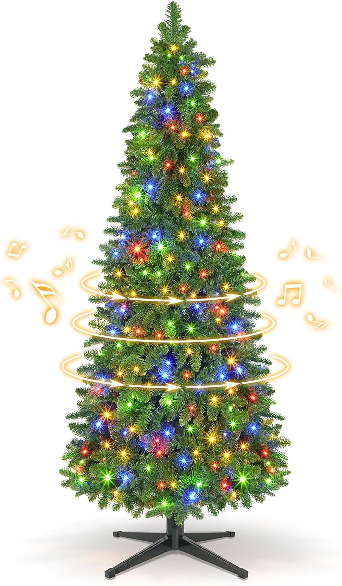 7.5ft Slim Pencil Christmas Tree Pre-lit, Remote Control, Rotating & Foldable Stand, RGB & Warm White Light for Home Decor
