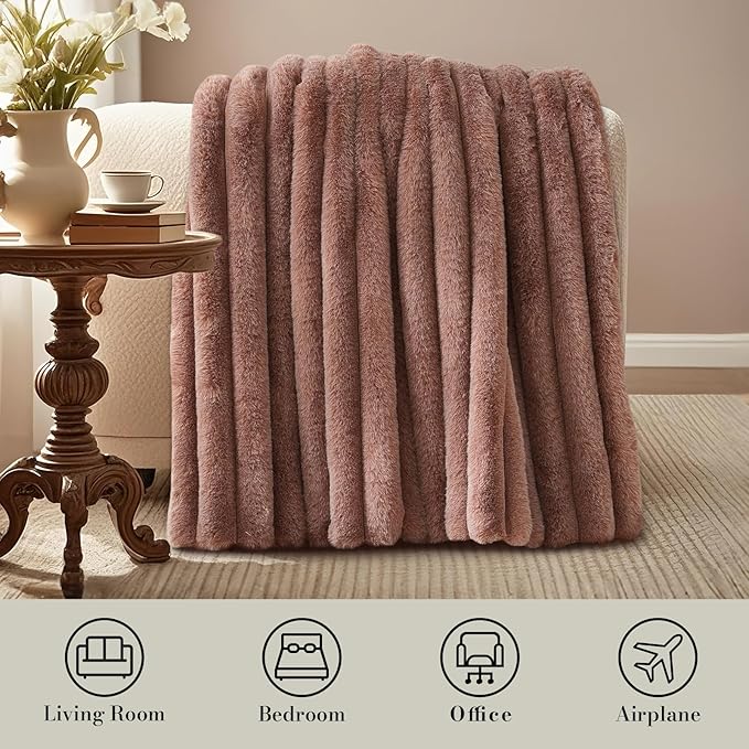 Amélie Home Faux Fur Throw Blanket for Couch, Ultra Cozy Fuzzy Fluffy Fur Luxurious Soft Striped Plush Gift Blankets for Family Sofa Chair Bed Living Room Bedroom, 55"x70", Ionic Fox Brown