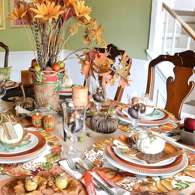 50Pcs Fall Round Paper Placemats,13.4 Inch Autumn Pumpkin Round Table Mats Fall Oval Scalloped Disposable Placemats for Harvest Birthday Thanksgiving Party Supplies