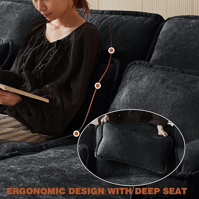 113" Oversized Cloud Couch, U Shape Sectional 4 Seat Sofa with Double Chaises, 2 Layer Cusions, Deep Seat Comfy Sofa, Upholstery Chenille Fabric for Living Room, Black