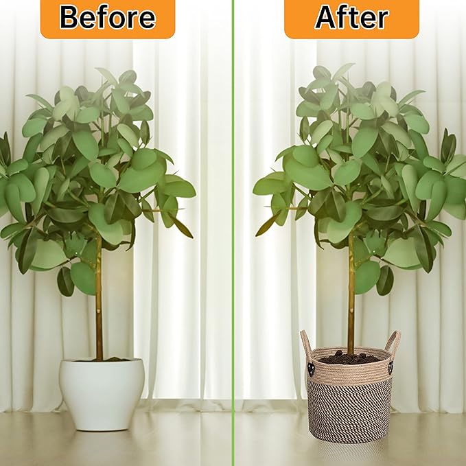 Jute Rope Basket - 10"x10" Woven Plant Pot Holder with Handles, Boho Indoor/Outdoor Planter Cover, Multifunctional Storage