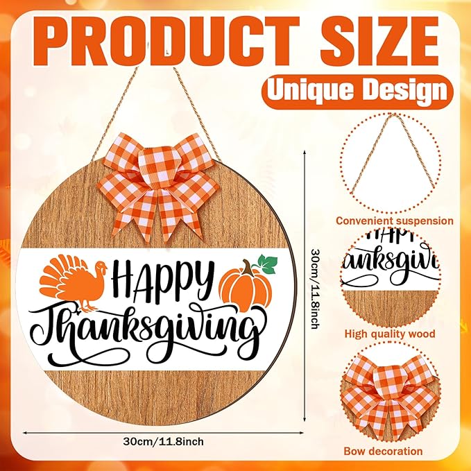 Fall Wreaths for Front Door Happy Thanksgiving Turkey Wooden Hanging Sign Fall Welcome Wreaths with Bow Turkey Farmhouse Wall Decoration for Home Autumn Harvest Front Porch Decor