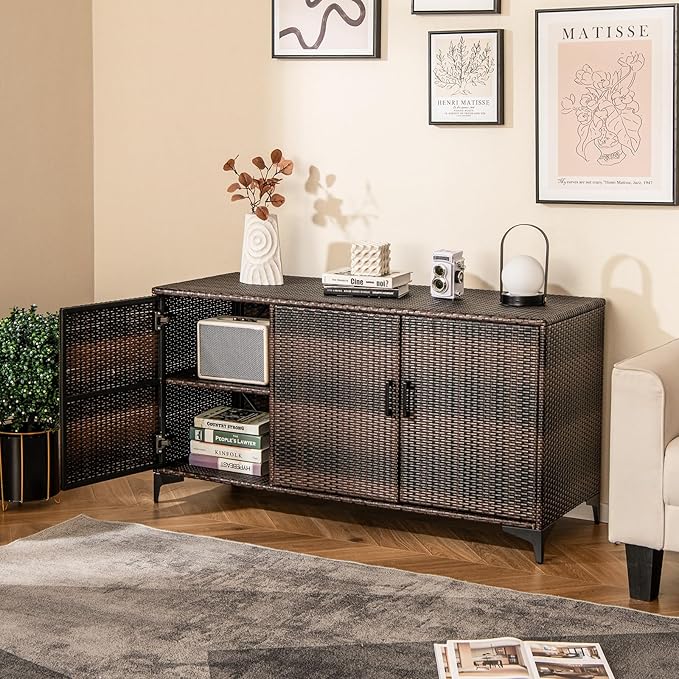 RELAX4LIFE 84-Gallon Outdoor Storage Box - Wicker Rattan 3-Door Patio Storage Cabinet Container w/Removable Shelves for Cushions, Garden Tools, Pool & Sports Equipment, Indoor Outdoor Deck Box (Brown)