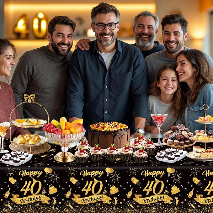 3 Pack 40th Birthday Plastic Black Gold Table Cloths, Rectangular 54x108 Table Cover for Birthday Party Decorations