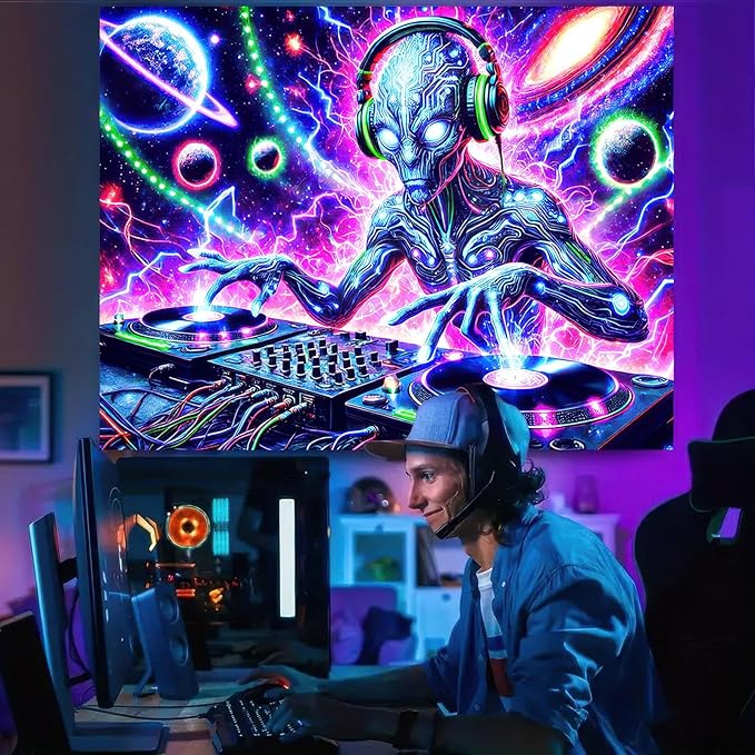 BlissYard Blacklight Cool Alien Tapestry UV Reactive Tapestry 78x59 Inch Black Light Galaxy Planet Tapestry Glowing Tapestry Large Neon Tapestry Wall Hanging for Home Living Room Bedroom Decor