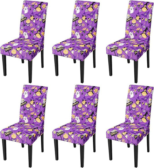 JQinHome Purple Halloween Chair Slipcover, Spider Web Chair Covers Set of 6, High Stretch Washable Chair Protector Cover for Dining Room, Kitchen,Home Party,Wedding Ceremony(Purple Candy,6PC)