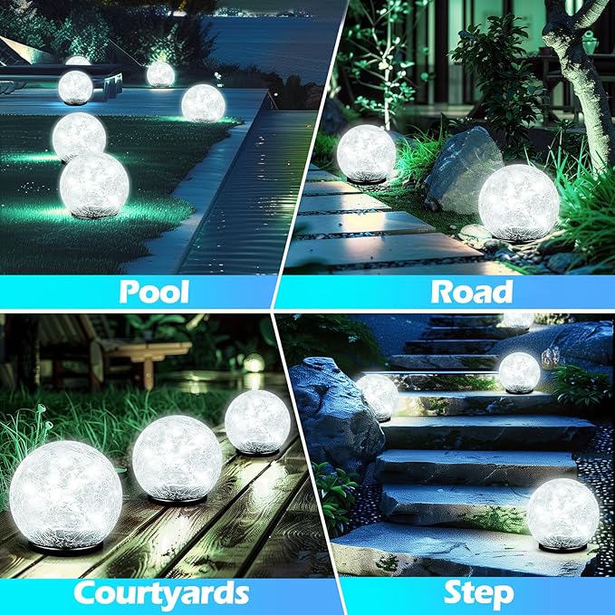 Garden Solar Ball Lights Outdoor Waterproof, 80 LED Cracked Glass Globe Solar Power Ground Lights for Path Yard Patio Lawn, Outdoor Decoration Landscape White (2 Pack 5.9'')