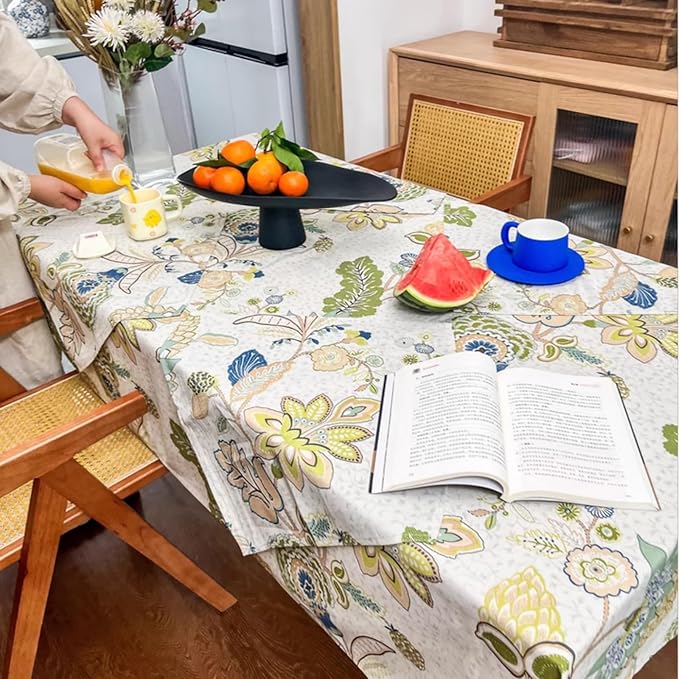 Spring Summer Ourdoor Table Cloth, Spillproof Waterproof Rectangle Tablecloth, Polyester Cotton Fabric Block Print Dining Table Cover for Easter Farmhouse Ourdoor 108''x60'' - Green Flowers
