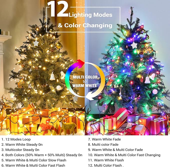 Brizled Color Changing Christmas Lights, 33ft 100 LED Connectable, 12 Modes Warm White & Multicolored Xmas Tree Lights with Remote, Dimmable for Indoor/Outdoor Decor