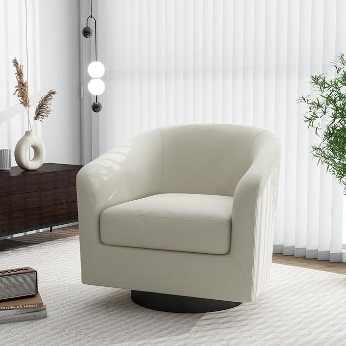 Swivel Barrel Accent Chair, Modern Round Linen Arm Chair for Living Room, Bedroom, Comfy Club Reading Chairs for Adults（Linen Fabric, Beige, Set of 4