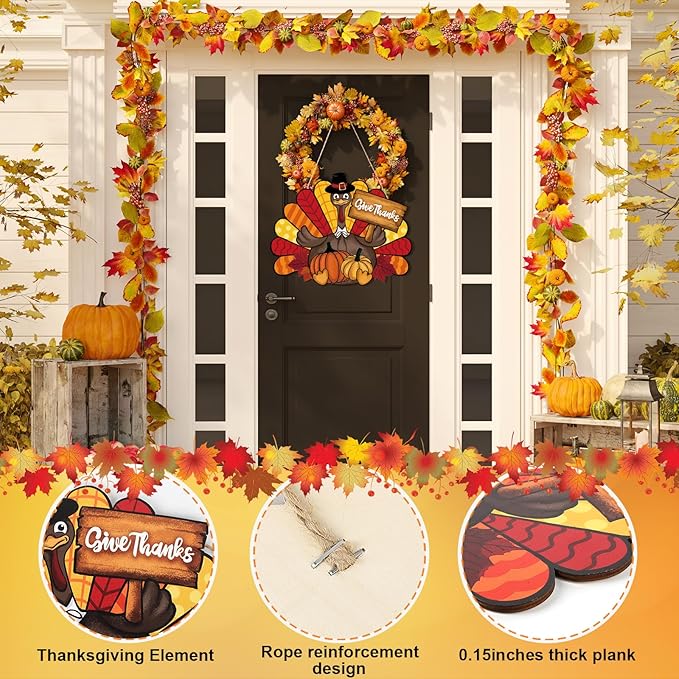 Thanksgiving Decoration Wooden Turkey Pumpkin Door Wreath for Front Door Sign Wall Signs, Thankful Blessed Grateful Pumpkin Sign Hanging for Fall Autumn Harvest Home Halloween Decoration