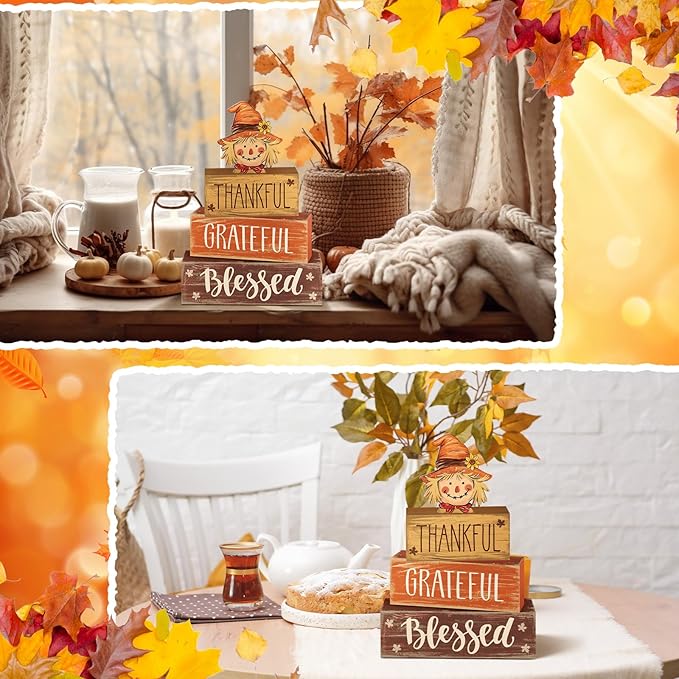 4 Pcs Fall Thanksgiving Decor for Home Sunflower Scarecrow Wooden Sign with Sayings Fall Scarecrow Tiered Tray Decor Blessed Tabletop Centerpiece Maple Leaf Block Signs for Autumn Office Kitchen Shelf