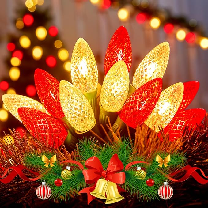 Outdoor Christmas Lights, 100 Ft C9 LED Commercial String Lights with Red and Warm White Strawberry C9 Bulbs, Waterproof Connectable UL Certified C9 Lights for Indoor Yard Xmas Tree House Decor