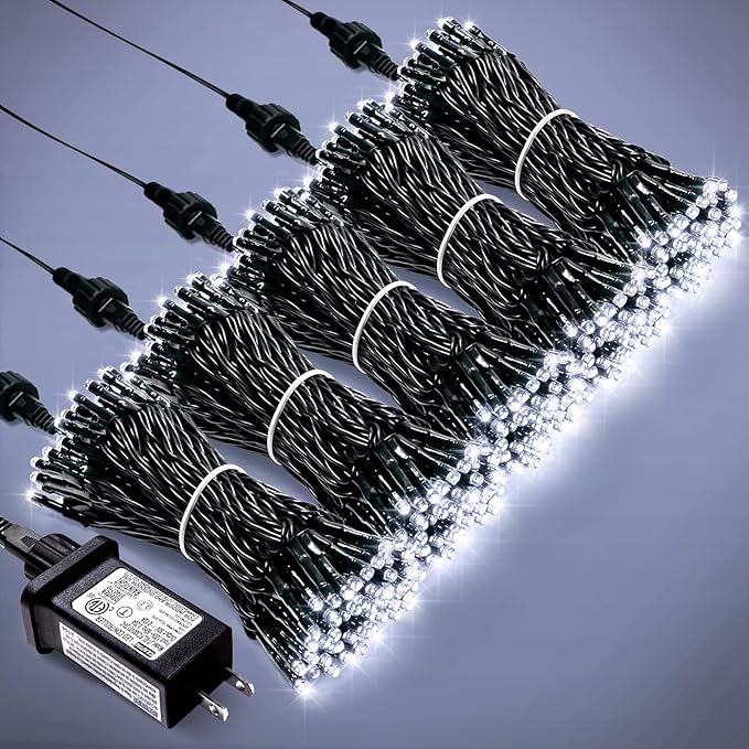 JMEXSUSS 500 LED White Christmas Lights Outdoor Indoor, Green Wire Christmas Tree Lights Plug in, 8 Modes Waterproof White String Lights for Xmas Wedding Party Garden