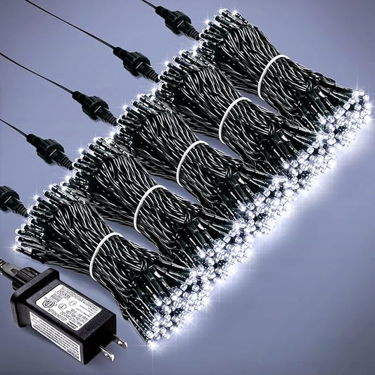 JMEXSUSS 500 LED White Christmas Lights Outdoor Indoor, Green Wire Christmas Tree Lights Plug in, 8 Modes Waterproof White String Lights for Xmas Wedding Party Garden