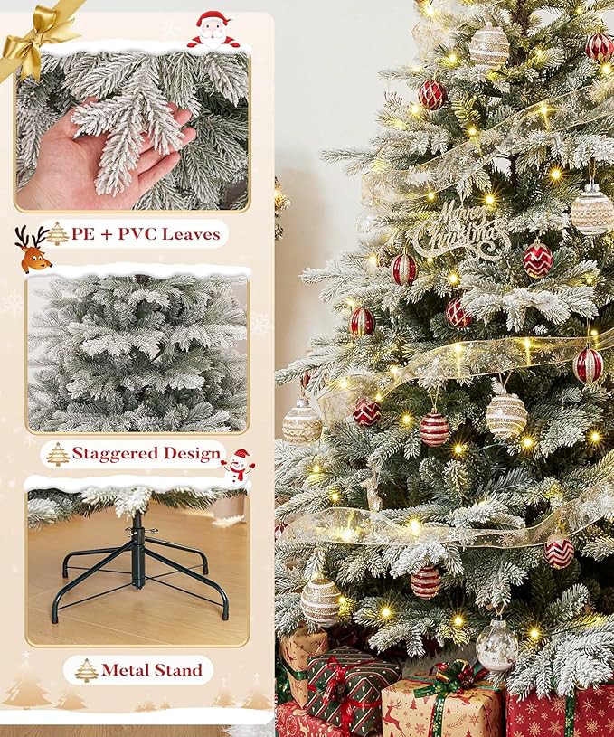 Decoway 7ft Artificial Christmas Tree, Unlit Snow Flocked Xmas Tree with 2364 Branch Tips and Sturdy Metal Stand for Indoor Outdoor Home Decoration
