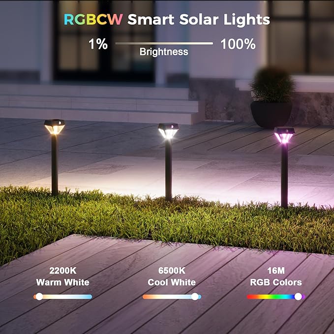 XMCOSY+ Smart Solar Lights Outdoor with Motion Sensor, 150LM APP Control RGBCW Color Changing Garden Lights Solar Powered for Yard Pathway Landscape, Waterproof, 2 Pack