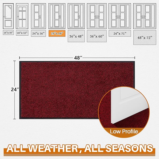 Mibao Front Door Mat, Dirt Trapper Welcome Mat for Outdoor Indoor, Non-Slip Waterproof Doormat, Durable Machine Washable Low Profile Entry Rug for Back Door Outside Patio Porch, 48" x 24", Red