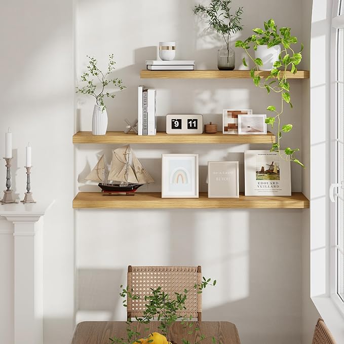 48 Inch Floating Shelves Set of 2, Rustic 48 x 9 Floating Shelf for Wall, 9 Inch Deep Bookshef Invisible Bracket, Wall-Mounted Deep Shelving for Bedroom, Kicten, Living Room, Oak Color