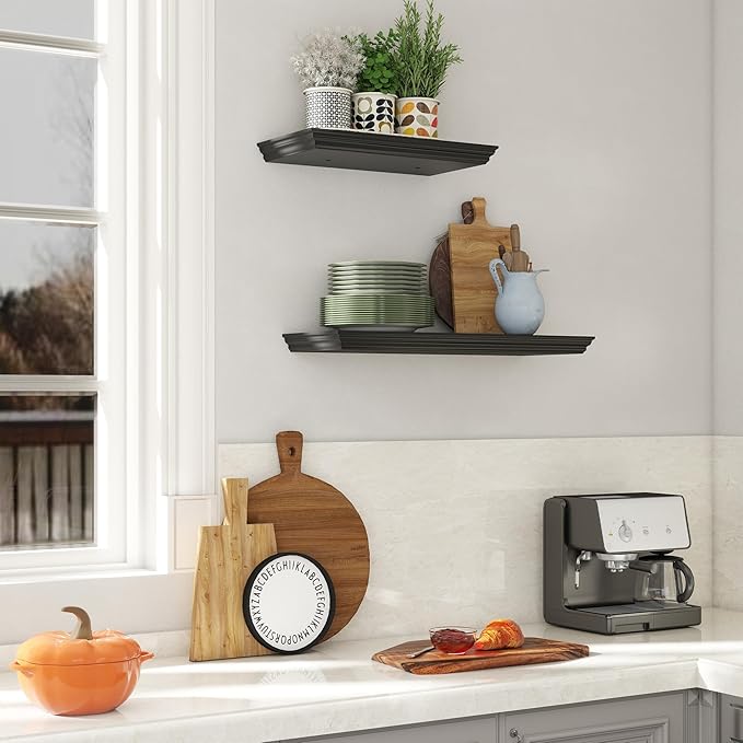 Floating Shelves for Wall, 16 Inch Wall Mounted Black Hanging Shelf for Kitchen, Living Room, Office, Bedroom, Bathroom, Retro Vintage Wood Bookshelf for House Decor