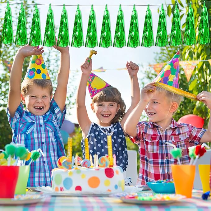 4P Green Foil Fringe Metallic Streamers Banner Tassel Garland for Parade Floats, Bachelorette, Wedding, Birthday, Halloween, Christmas, Bridal/Baby Shower Party Decorations