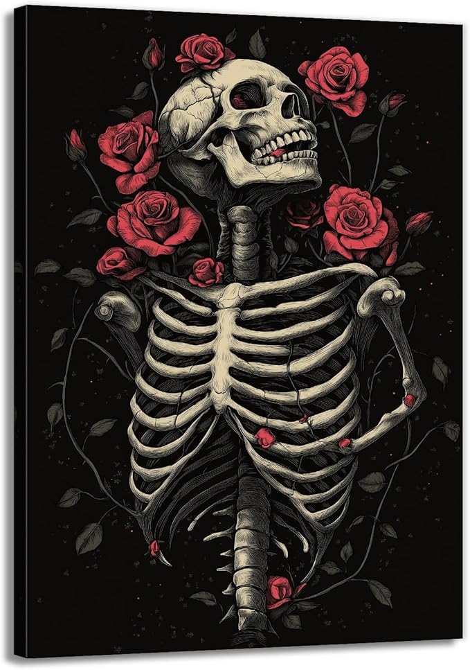 OAAPITI Gothic Skull Wall Art Skeleton and Roses Canvas Pictures Print Vibrant Dark Art Decor for Bedroom Living Room Bathroom(Artwork-6,16"x24")
