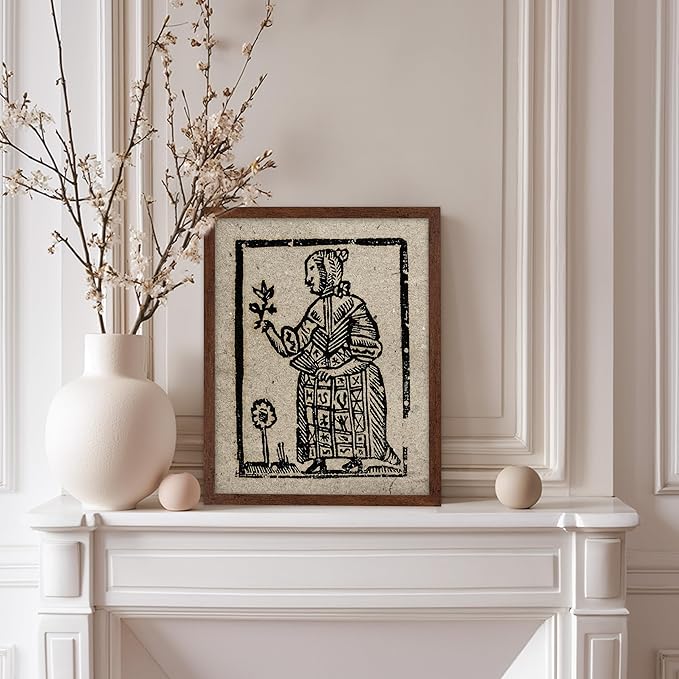 Poster Master Vintage Woodcut Poster - Retro Medieval Print - Gift for Gothic, Horror Fan - Witch Holding a Plant, Magic, Spell, Herbalist - Wall Decor for Bedroom, Dorm, 8x10 Brown Framed