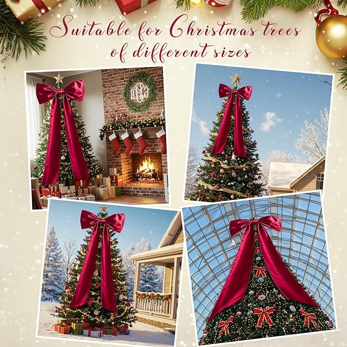 OurWarm Christmas Tree Topper Bow with Long Ribbon, 27.5 x 78.7 Inch Large Red Christmas Bow with 30 Small Red Velvet Bows for Christmas Tree, Christmas Tree Bows for Home Wreath Car Outdoor Decor