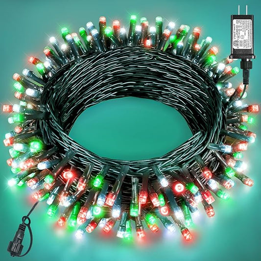 Christmas Lights Outdoor 40FT 120 LED, Green Wire Christmas Tree Lights with Waterproof, 8 Modes & Timer, Connectable String Twinkle Light for Indoor Yard Party Holiday Decorations, Red White Green