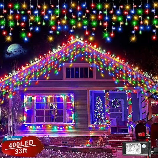 Icicle Lights for Outside, 33FT 400 LED Icicle Christmas Lights Outdoor Indoor with 8 Modes 75 Drops, Waterproof Connectable Twinkle String Light for Eaves Patio Garden Wedding Party Decor, Multicolor