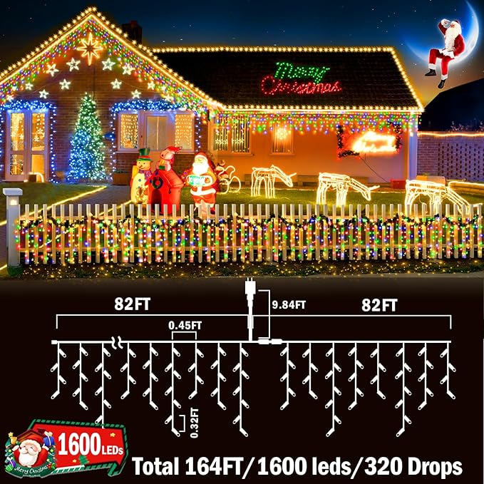 KNONEW 164FT 1600 LED Christmas Lights Outdoor Decoration Multicolor with 320 Drops, 8 Modes Timer Hanging Fairy String Lights Plug in Waterproof Indoor Decor for Holiday Wedding Party Window Garden