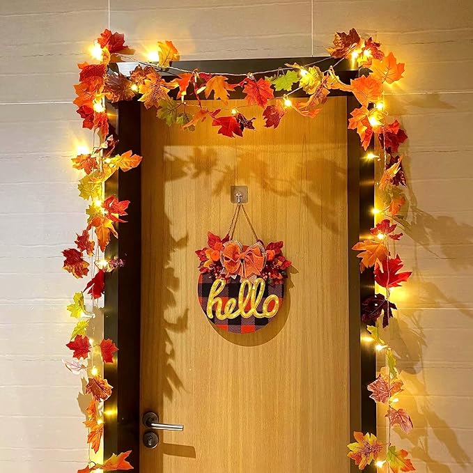 Ouddy Decor 2 Pack Fall Garland with Lights Decorations Maple Leaves Fall Lights Total 20 Ft 60 Led Mixed Color Battery Operated for Indoor Outdoor Autumn Harvest Thanksgiving Halloween Fall Decor