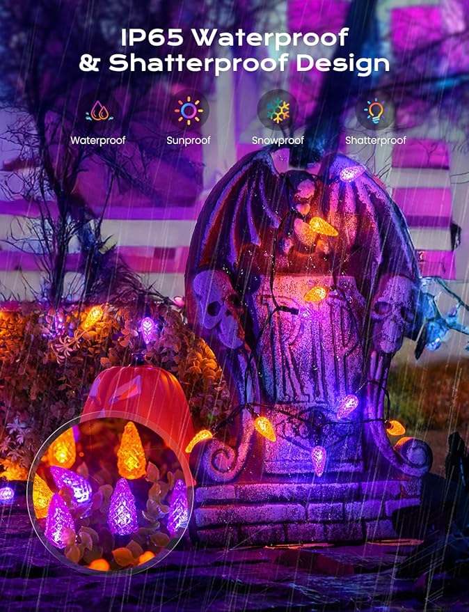 Brightown Solar Operated C6 Halloween Outdoor Lights, 22.64ft 50 LEDs Orange Purple Halloween Lights, Strawberry LED Fairy Lights, Solar Waterproof String Light for Tree, Garden Decor Outdoor