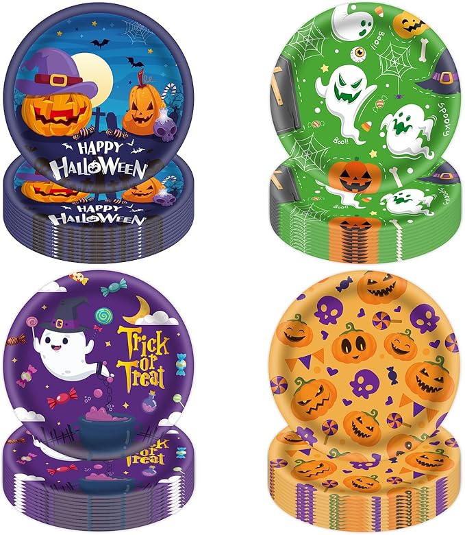 48Pcs Halloween 7inch Paper Plates - Pumpkin Ghost Spooky Dessert Plates for Cake Salad Fruit Disposable Cute Dinner Plates for Halloween Kids Trick or Treat Party Decoration, 4 Styles