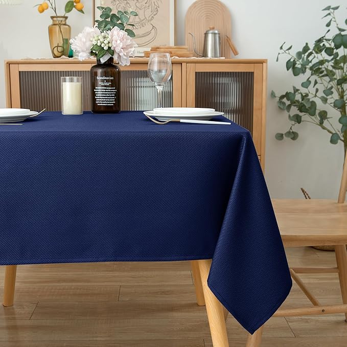 Biscaynebay Textured Fabric Square Tablecloths 90x90 Inches, Navy Water Resistant Card Table Cloth Folding Table Cover for Dining, Kitchen, Wedding and Parties etc. Machine Washable