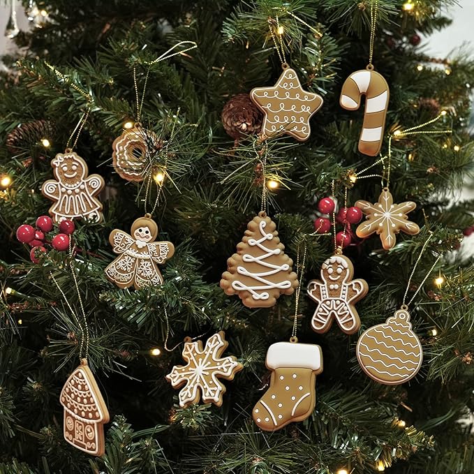 24pcs Christmas Gingerbread Man Ornaments, Assorted Gingerbread Figurines Decorations with Gingerbreads House Snowflake Ornaments for Xmas Tree Winter Crafts Holiday Home Party Decor Indoor