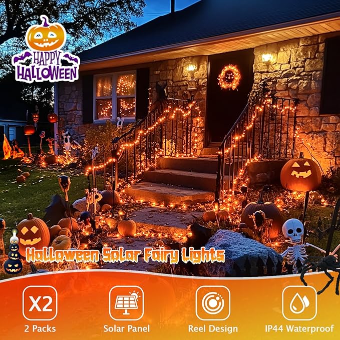 JMEXSUSS 2 Pack Solar Halloween Lights, 33ft 100 LED Orange Halloween Lights Outdoor, Waterproof Solar Fairy String Light for Tree Yard Patio Garden Thanksgiving Decorations