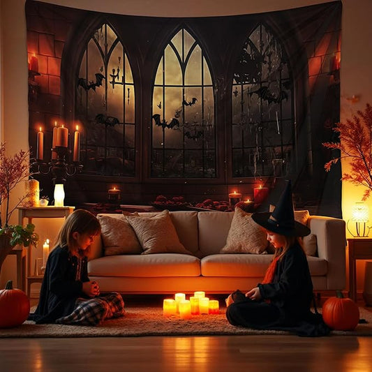 QGHOT Halloween Tapestry Wall Hanging Horror Castle Window Tapestry Gothic Spooky Backdrop Vampire Medieval Tapestries for Bedroom Living Room Dorm Wall Art Decor (90.6"x70.9")