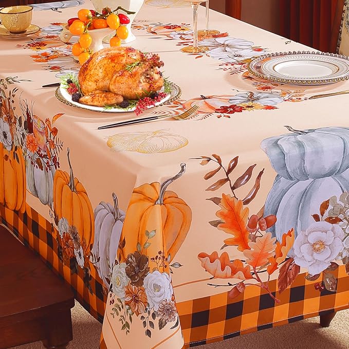 SASTYBALE Thanksgiving Tablecloths for Rectangle Tables 60 x 84 Inch Pumpkins Tablecloth with Checkered, Vintage Farmhouse Spill-Proof Fabric Table Covers for Autumn Harvest & Fall Decor, Orange