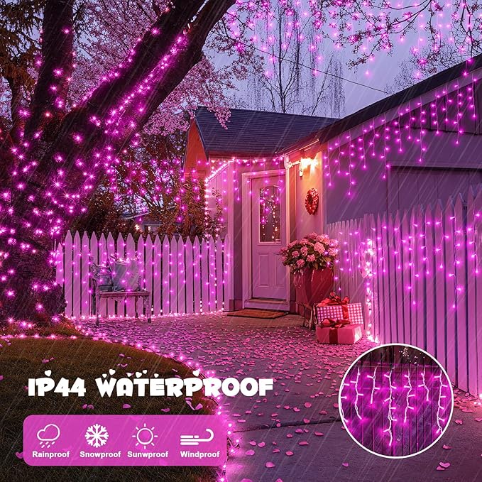 JMEXSUSS 400 LED Pink Christmas Icicle Lights, Connectable Pink Christmas Lights Indoor Outdoor with Remote, Icicle String Light for Room Fireplace Garden Eave Decorations
